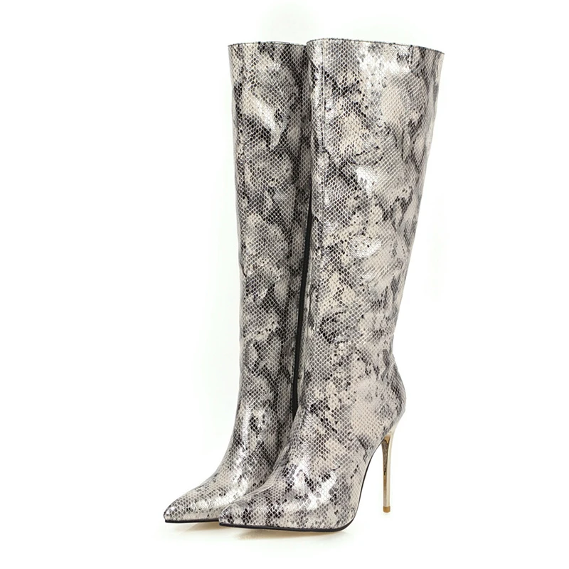 

2019 Women Knee High Fetish Boots 10cm High Heels Long Winter Snake Skin Print Leopard Boots Lady Thigh Stripper Gold Shoes