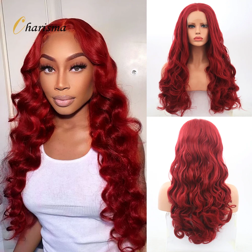 Charisma Synthetic Lace Front Wig Middle Part Long Body Wave Heat Resistant Fiber Red Wigs Cosplay | Шиньоны и парики