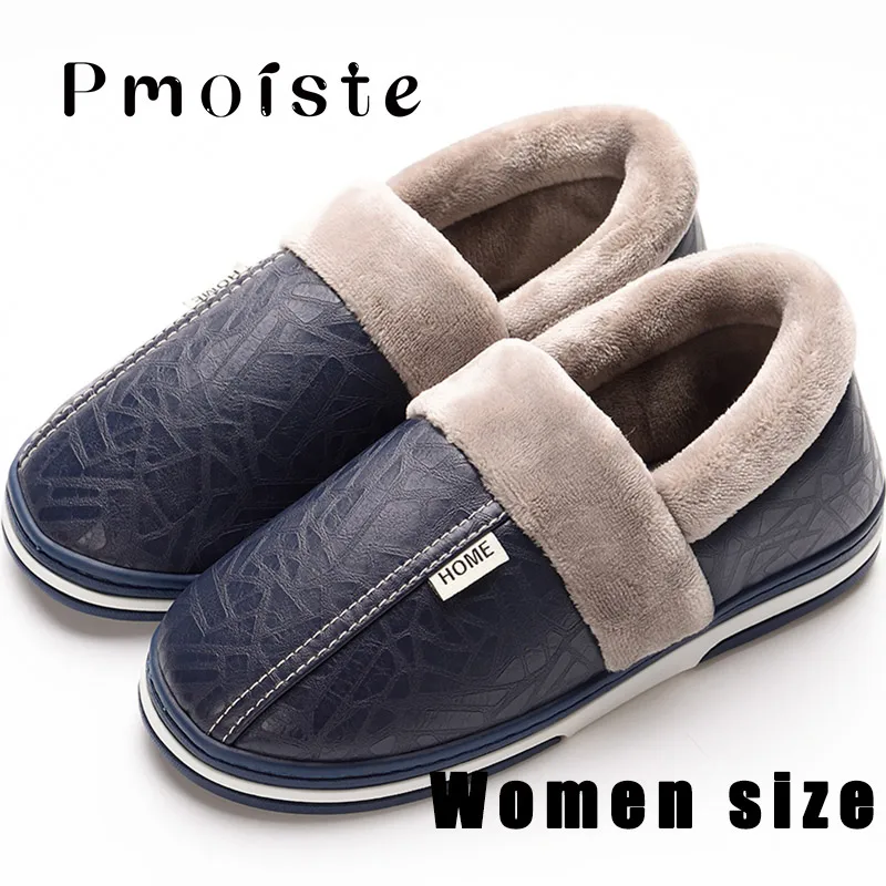 Dark blue Большие размеры 43-50; женские зимние тапочки; повседневные удобные шлепанцы на плоской подошве с закрытым носком без застежки; женские шлепанцы из искусственной кожи - Цвет: Dark blue