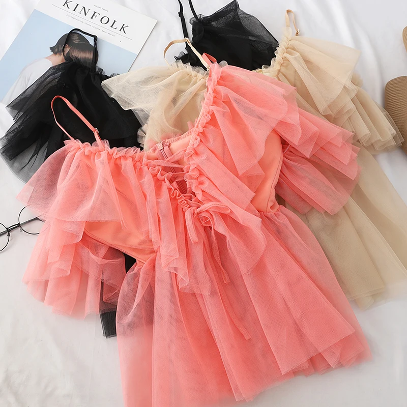 

Women Sexy Spaghetti Strap Mesh Ruffles Top V-neck Ladies Summer Mesh Top