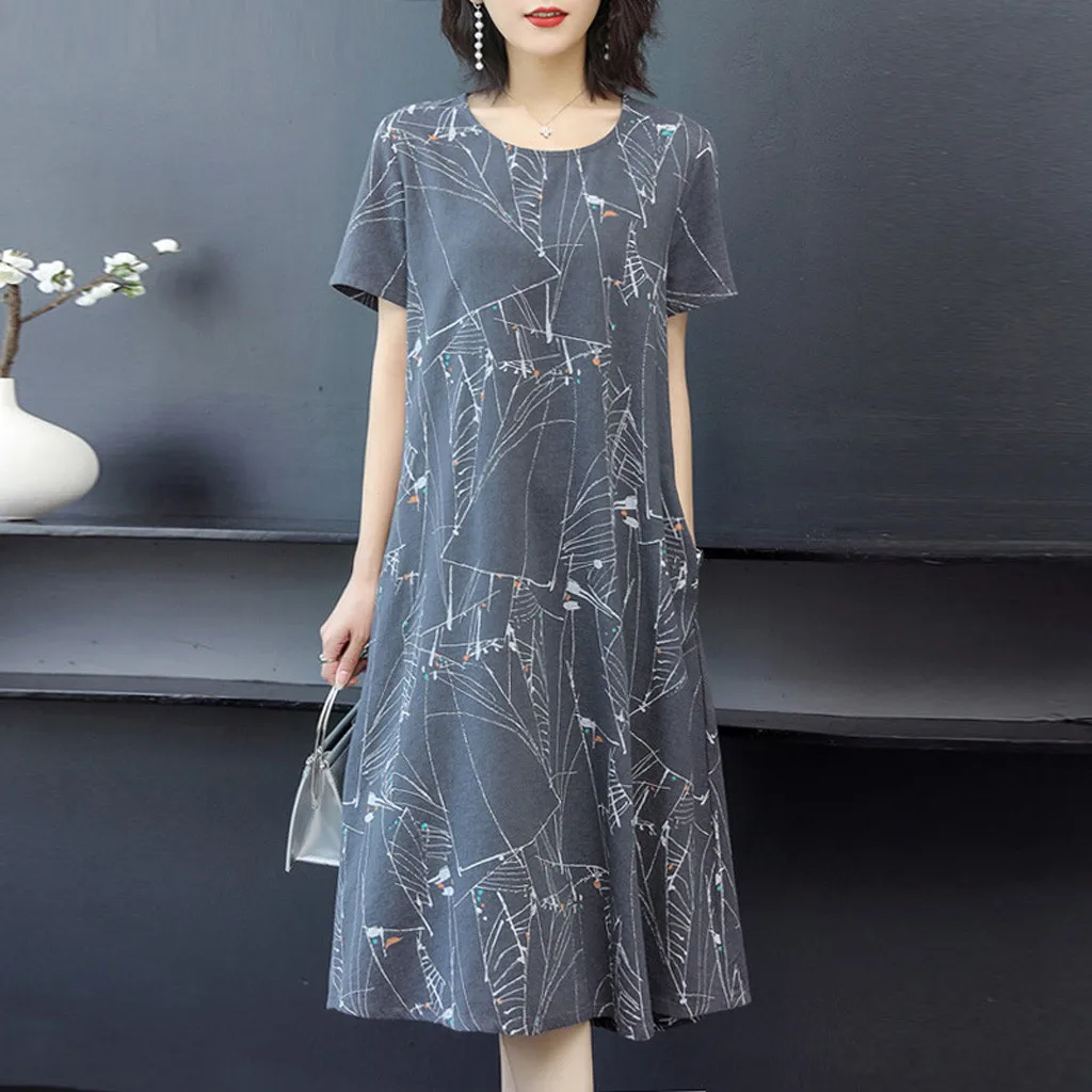 Vestido largo de manga corta con cuello redondo para mujer, traje holgado elegante, estampado, n. ° 4