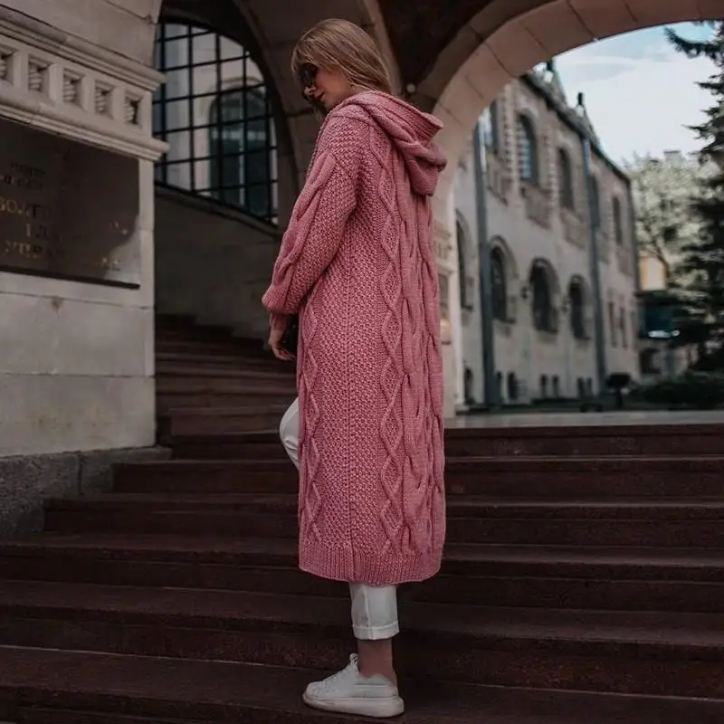 Женский вязаный кардиган, Повседневный, теплый, Одноцветный, открытая стежка, длинный женский свитер, Повседневный, негабаритный, свободный, с капюшоном, трикотаж