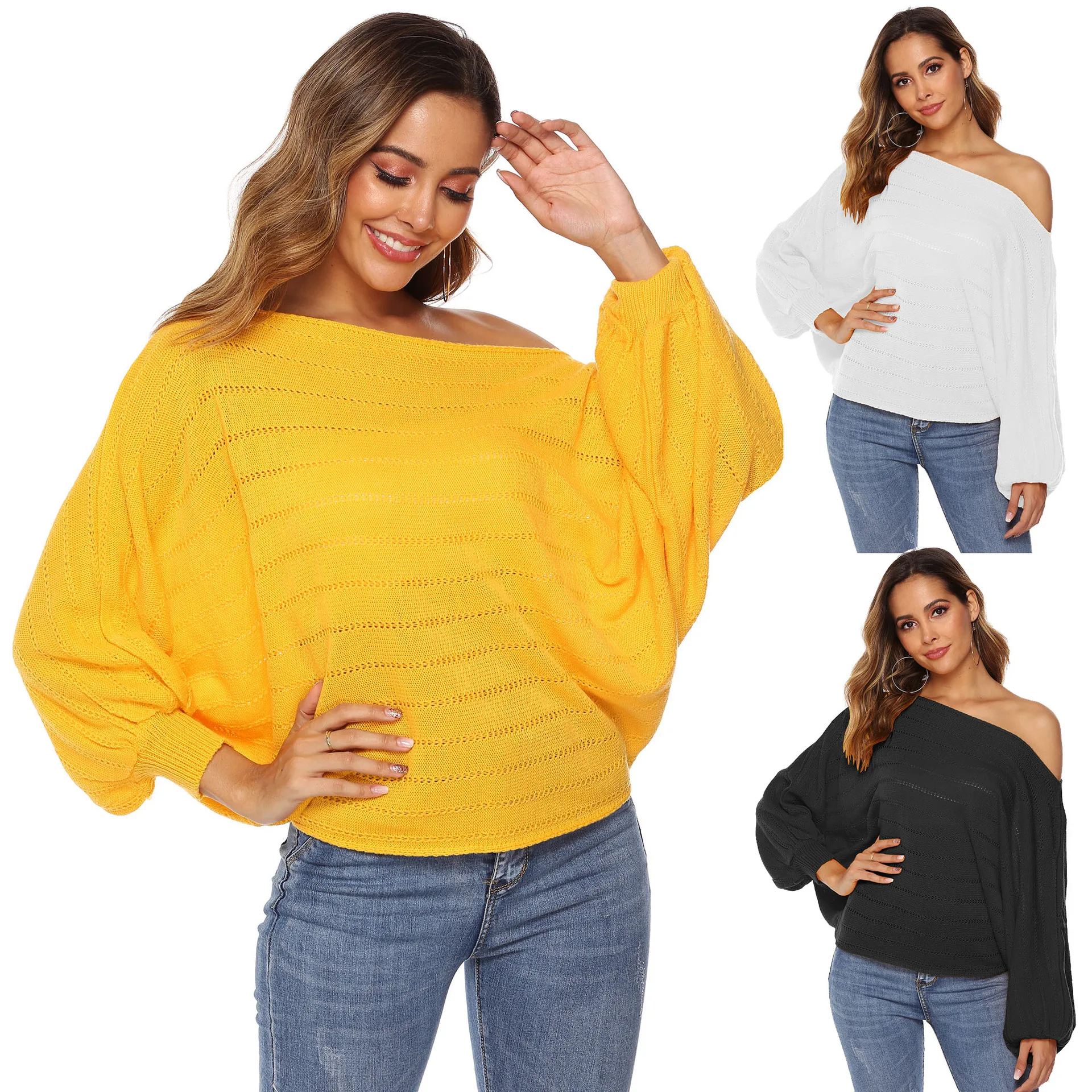

CS081 Plus Size Loose Women Sweater Slash Neck Fashion Pullover Batwing Sleeve Off Shoulder Sexy Top Pull Femme