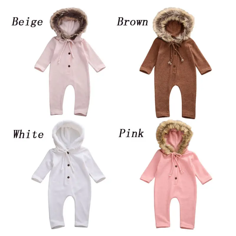 Autumn Winter Warm Newborn Kid Baby Girls Boys Clothes Hairball Hooded Knitted Romper Jumpsuit Outfits Pure Color 0-24Month