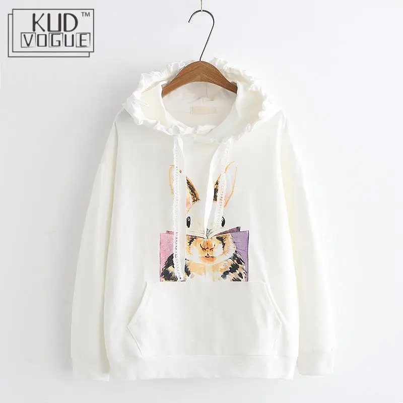 Японский негабаритный свитер с капюшоном для женщин Harajuku Kawaii Лолита розовый пуловер с рюшами милый узор в виде кролика топы с длинными рукавами