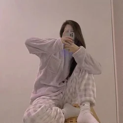 QWEEK Velvet Pajama Woman Plaid Pants Winter Korean Style Flannel Two Piece Home Clothes Pyjamas Trouser Suits Pijamas Sleepwear