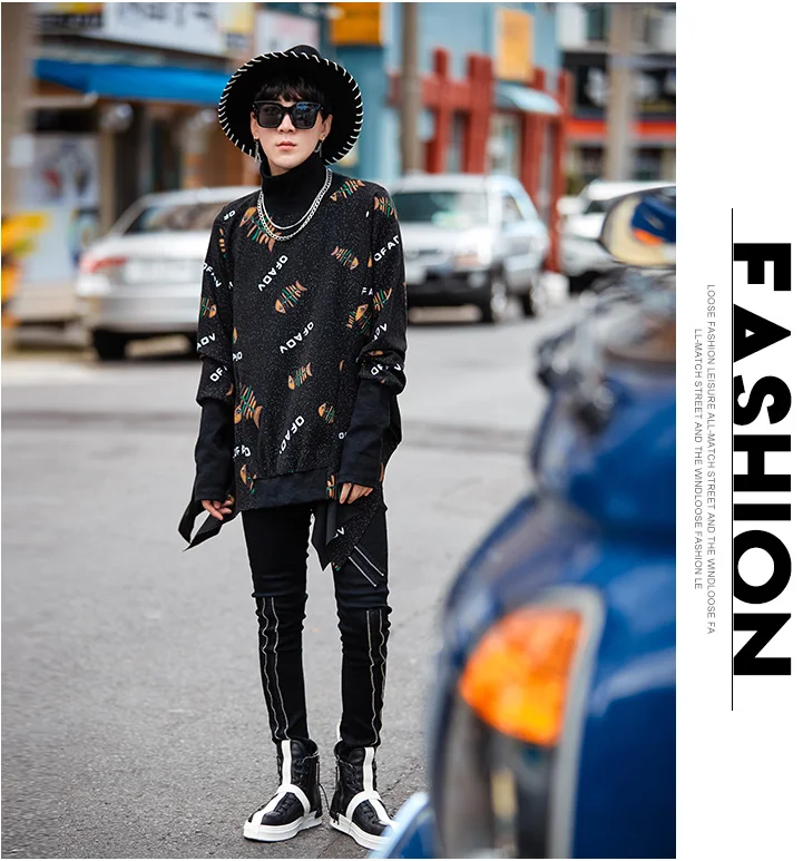 Spring and autumn loose high collar cape windbreaker men's trend printing casual jacket chic original bat sleeve cloak