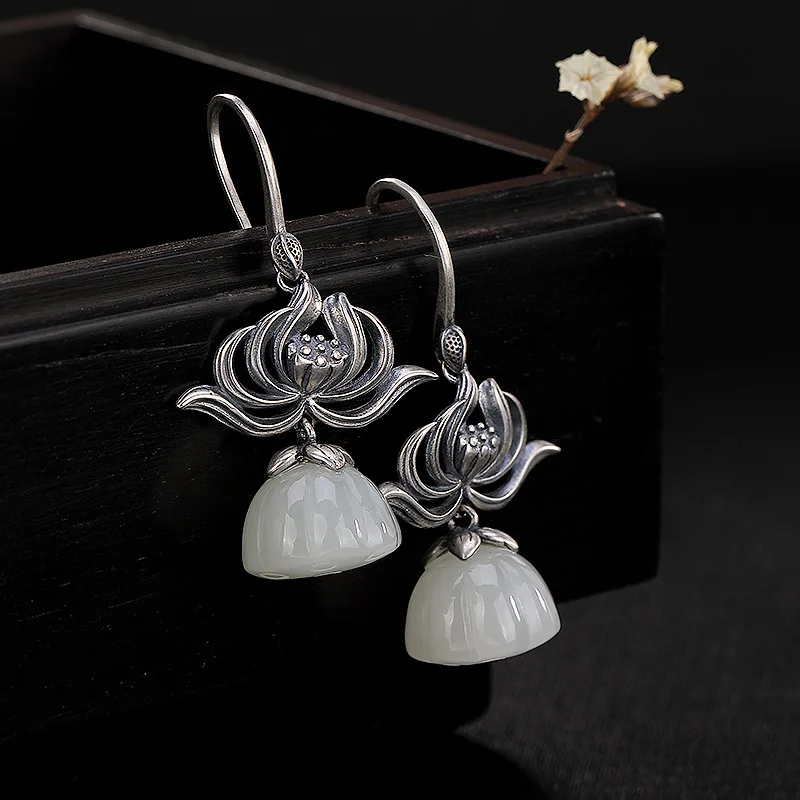 

pure silver inlay restoring ancient ways ms lotus lotus hetian jade white jade personality pendant earrings earrings