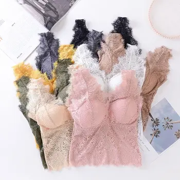 

Women Eyelash Leaves Lace Wide Strap Tank Top Backless Hollow Out Bralette