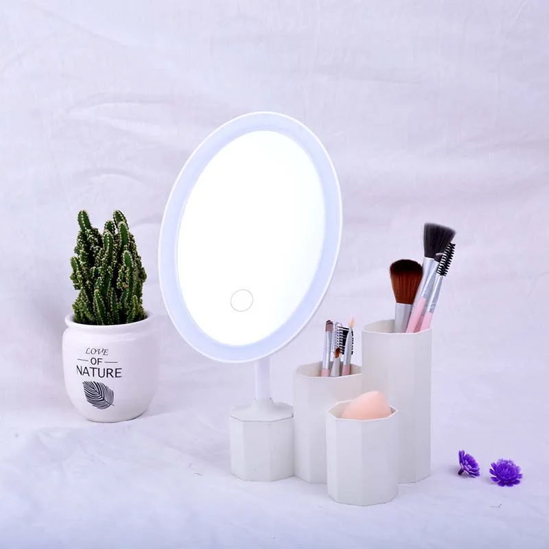 Креативное настольное зеркало для макияжа, светодиодный, красивое складное зеркало для макияжа, белое овальное туалетное зеркало для хранения, для хранения косметики