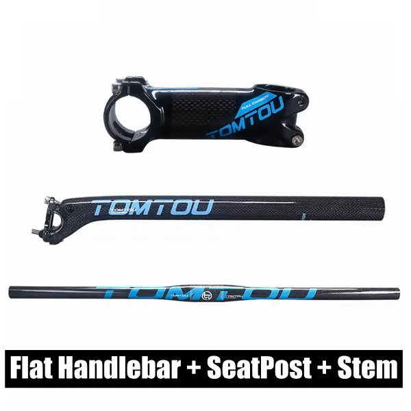 Flat Handlebar SETS TOMTOU синий глянцевый 3K руль из углеродного волокна, наборы рулей для велосипеда, руль для горного велосипеда+ подседельный штырь+ вынос руля-TS8T75 - Цвет: Flat Handlebar SETS