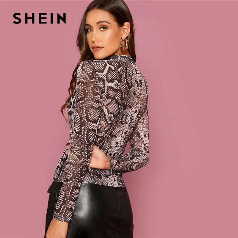 SHEIN многоцветный змеиный принт Сетка Прозрачная Тонкая футболка Топ для женщин Весна Лето с длинным рукавом стоячий воротник сексуальные топы