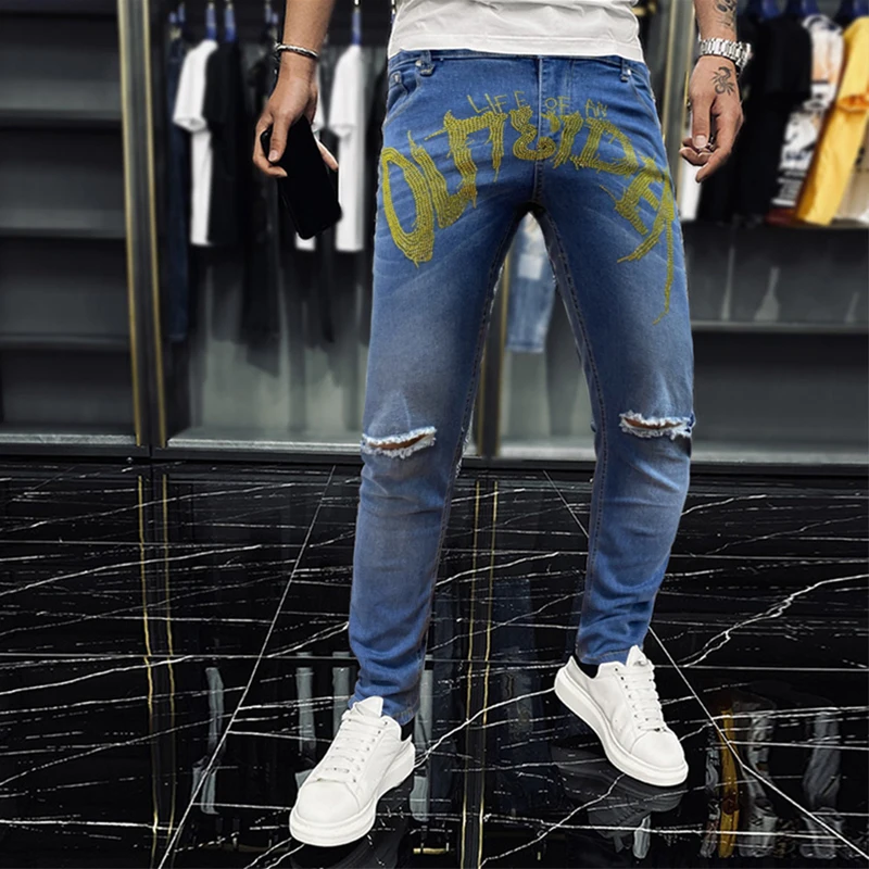

Men Jeans Blue Jogger Retro Streetwear Soft Thin Slim Advanced Hot ​Drill Stretch Pencil Trousers Washed Destroyed Denim Pants