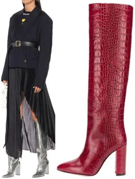 

Square Heels Crocodile Print Python Winter New Woman Pointed Toe Slip On Knee High Long Boots Knight Boots Yellow Red Black