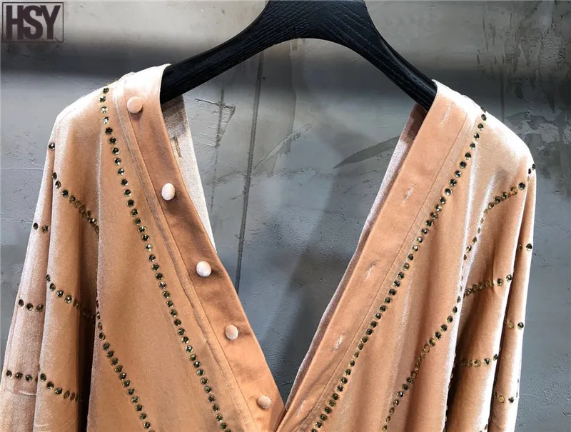 【HSY】2019 осень зима новые женские горячие полосы розовый бархат с длинным рукавом