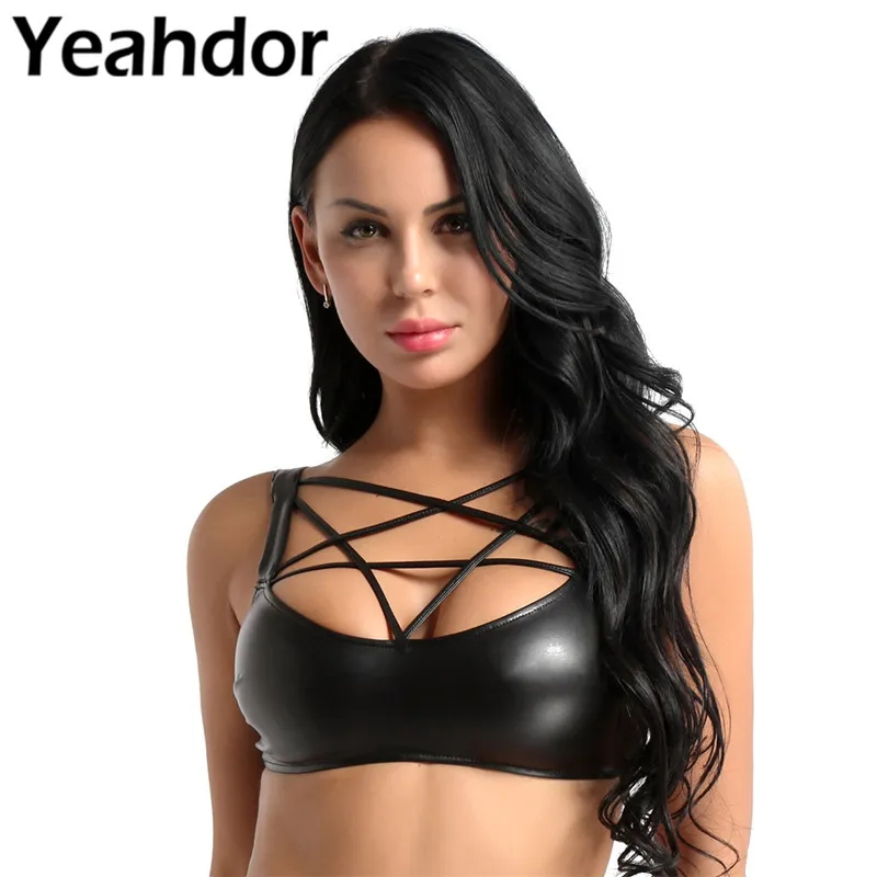 Женское нижнее белье из искусственной кожи Wetlook, топы без рукавов, с бретельками, с пентагоном, спереди, бандо, топы с бюстгальтером без косточек, клубная одежда