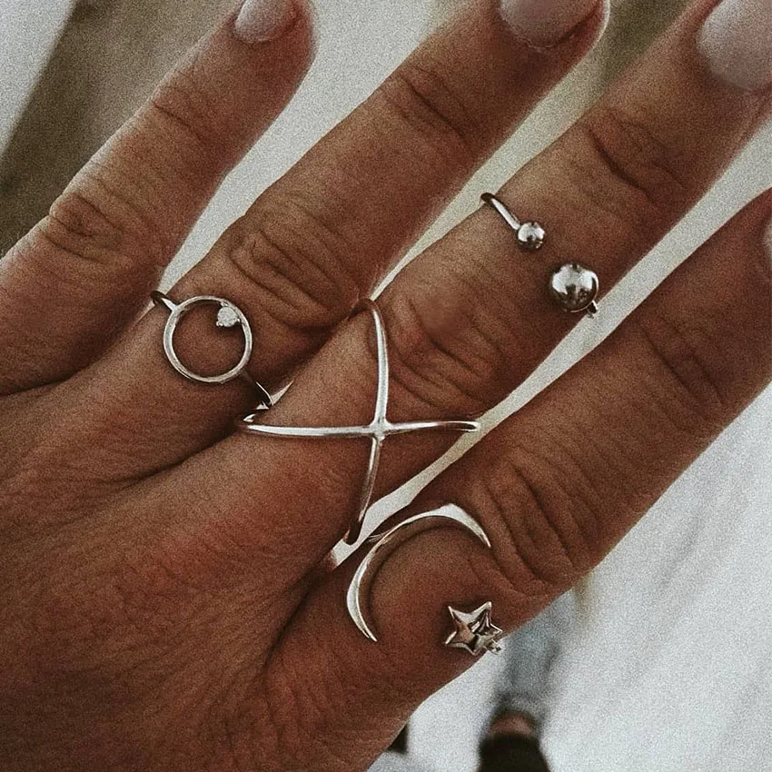

2019 Boho Vintage Star Moon Ring Set For Women Circle Midi Knuckle Rings anillo aneis bagues pour femme anelli Jewellery