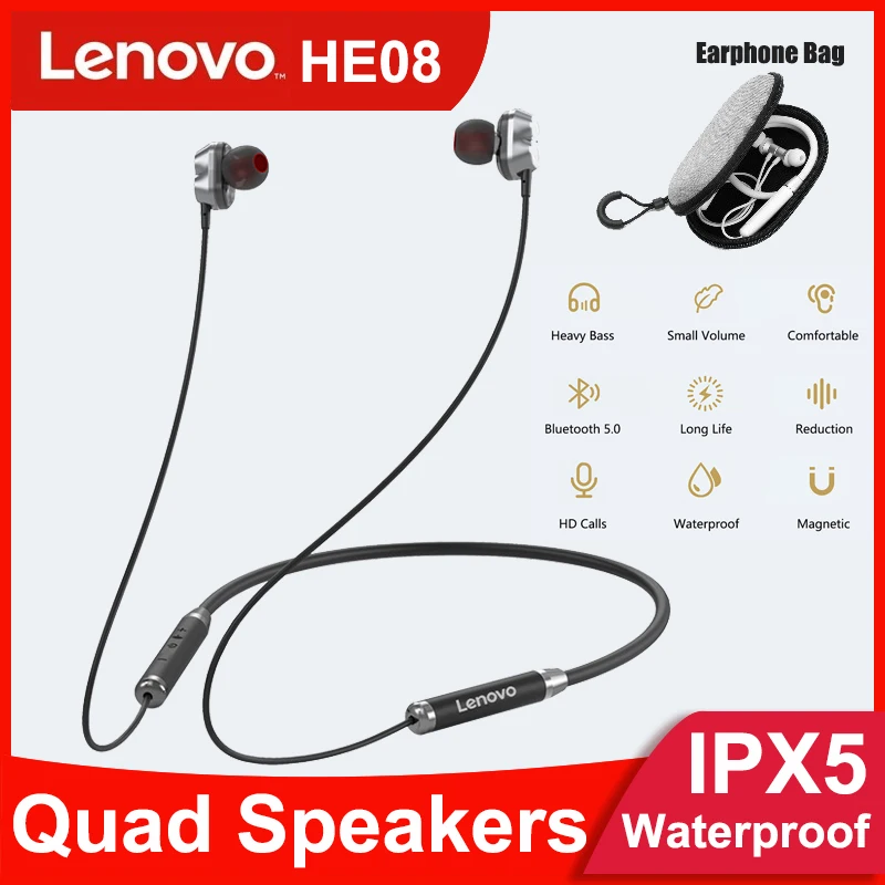 Двухдинамические Hi-Fi стереонаушники Lenovo HE08 Bluetooth наушники с шейным ободом