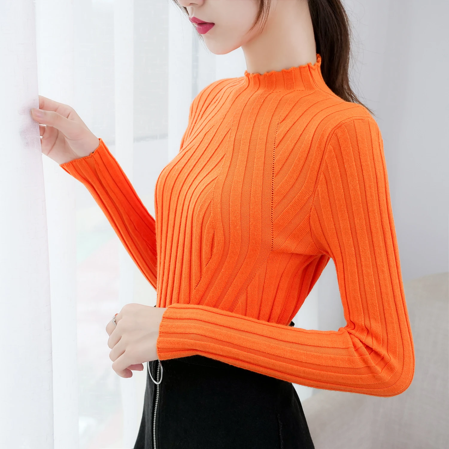 Pull Femme, новинка, пуловер с длинным рукавом, однотонный джемпер, вязаный свитер, Женский Повседневный тонкий свитер с высоким воротом, женская зимняя одежда, 6999 50 - Цвет: Оранжевый
