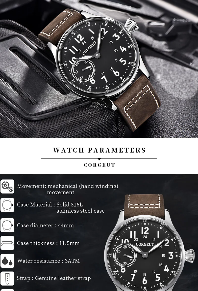 CORGEUT Top Aviator Mechanical Men's Watch Self-Winding Men's Watch NH35A Movement Leather Strap Men's Clock 2021 Luxury Brand