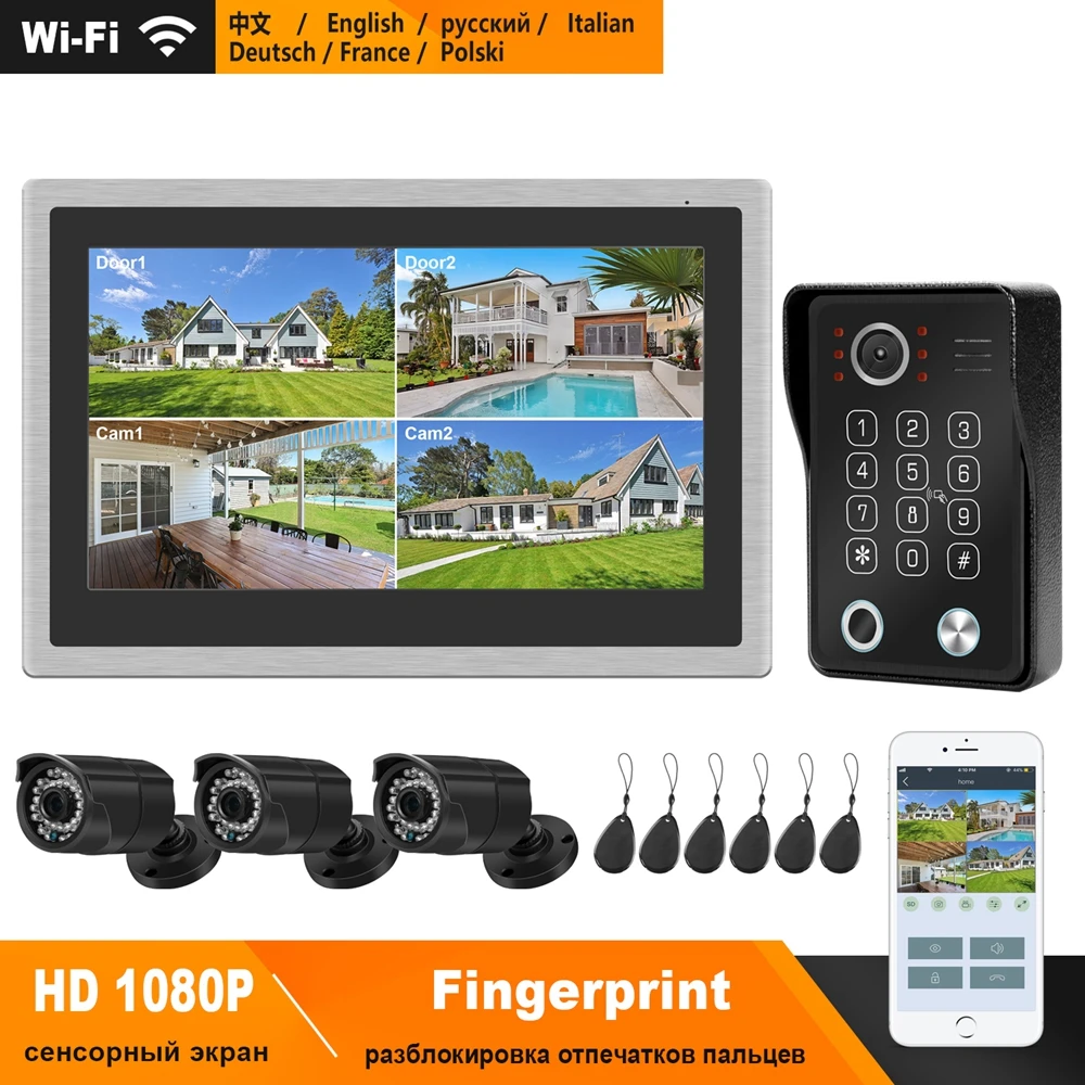 HomeFong WiFi Intercom System Kit IP Video Intercom for Home 10 inch Touch Screen with Fingerprint Unlock Doorbell 1080P Camera
