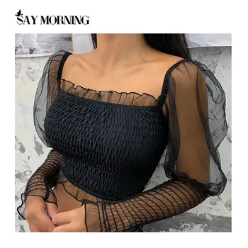 

SAY MORNING New Arrival Solid Color Lace Mesh Elegant Blouse Women Long Sleeve Off-shoulder Crop Top
