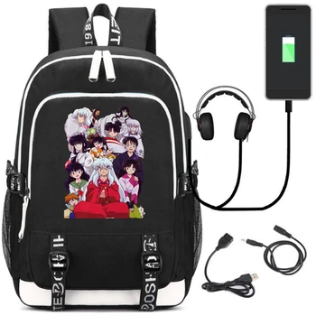 

Fashion Japanese Anime Inuyasha Printed USB Charging Earplug Hole Backpack Teens Boys Girls Campus Shoulders Bag Rucksack