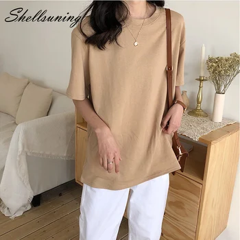 

Shellsuning Short Sleeve Solid 100% Cotton T Shirt Women Summer 8 Colors Basic Casual Plus Size Soft Tee Oversized Shirts Female