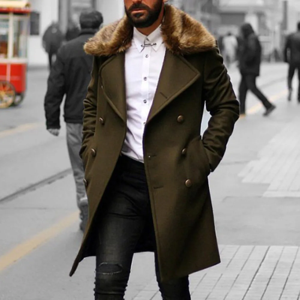 

Coat Men Double Breasted With Faux Fur Collar Winter Long Coat Men Slim Fit Overcoat Trench Vintage Army Green Long Jacket Men