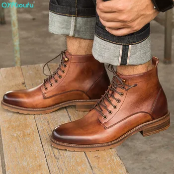 

QYFCIOUFU New Men Martin Boots Genuine Cow Leather Man Ankle Boots Male Lace-up Casual Shoes Men Bullock Boots High-top Boots