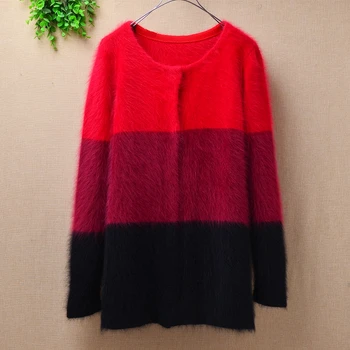 

Top mujer femme women autumn winter thin loose fashion striped plush mink cashmere long cardigan angora rabbit fur sweater coat