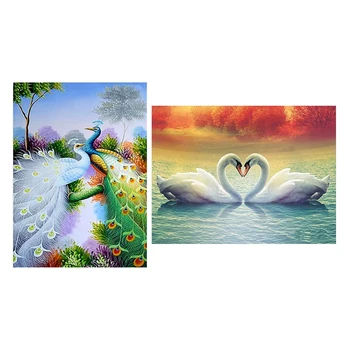 

2 Set 5D Diamond Embroidery Cross Stitch Diy Diamond Painting Scenery Rhinestones Home Decor Gift, Peacock & Swan