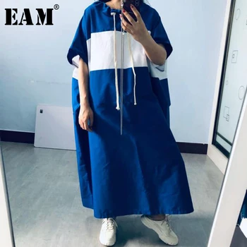

[EAM] Womenblue Striped Split Big Size Long Dress New Round Neck Half Sleeve Loose Fit Fashion Tide Spring Summer 2020 1X442