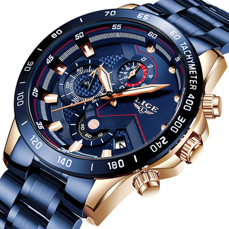 

New Men Watches Top Brand Luxury Stainless Steel Blue Waterproof Quartz Watch Men Fashion Chronograph Male Sport Military Watch