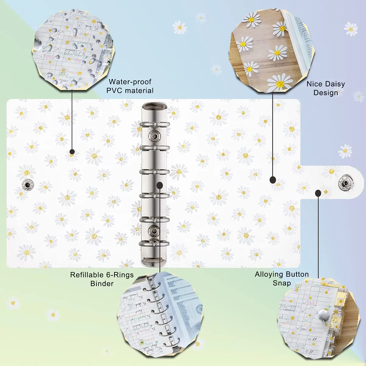 A7 Daisy Binder Notebook Personal Planner Budget Cash Envelope with 8 Binder Pockets,1 Ruler ,45 Refill Paper,2 Label Sticker