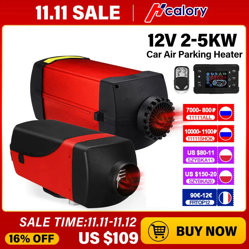 Hcalory Air diesels Heater 2-5KW 12V One Hole Car Heater For Trucks Motor-Home Boat Bus LCD key Switch +Silencer+English Remote