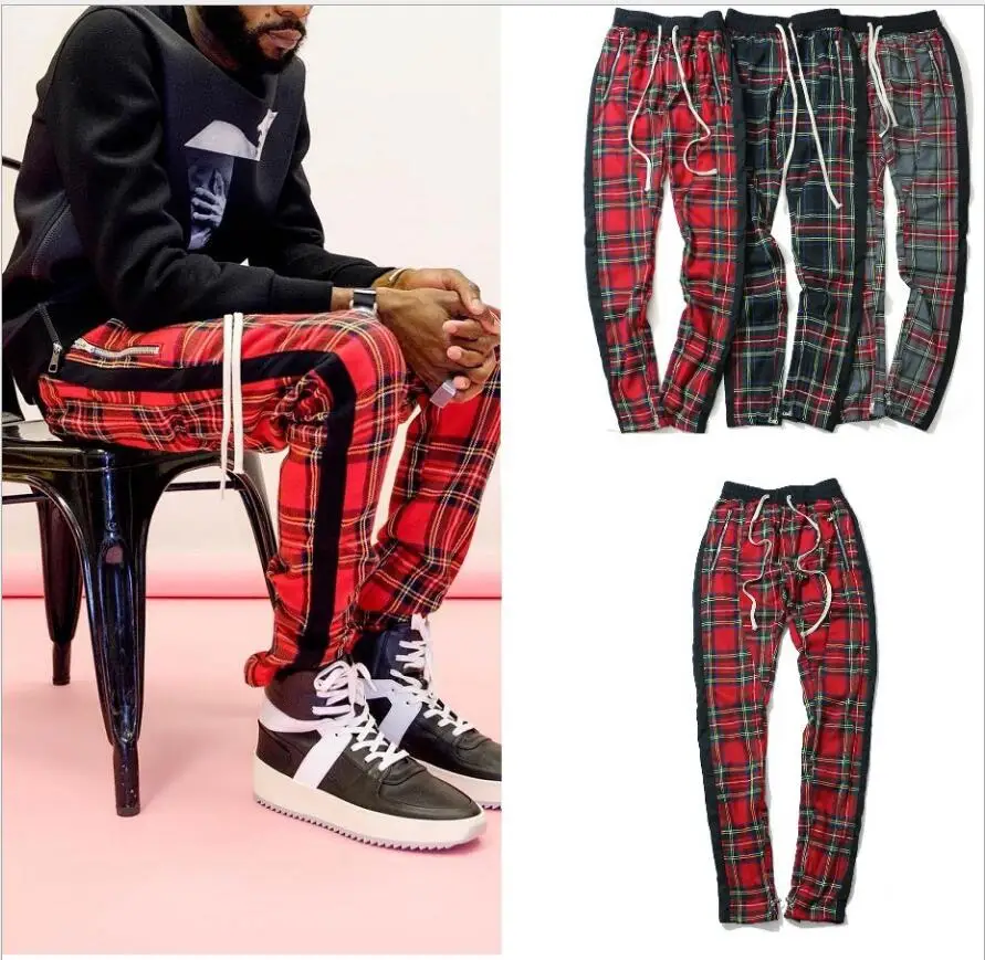 

Vintage Scottish Plaid Joggers Pants Mens Tartan Track Pants Justin Bieber Drawstring Ankle Strap Zip Patch Sweatpants Hip-hop