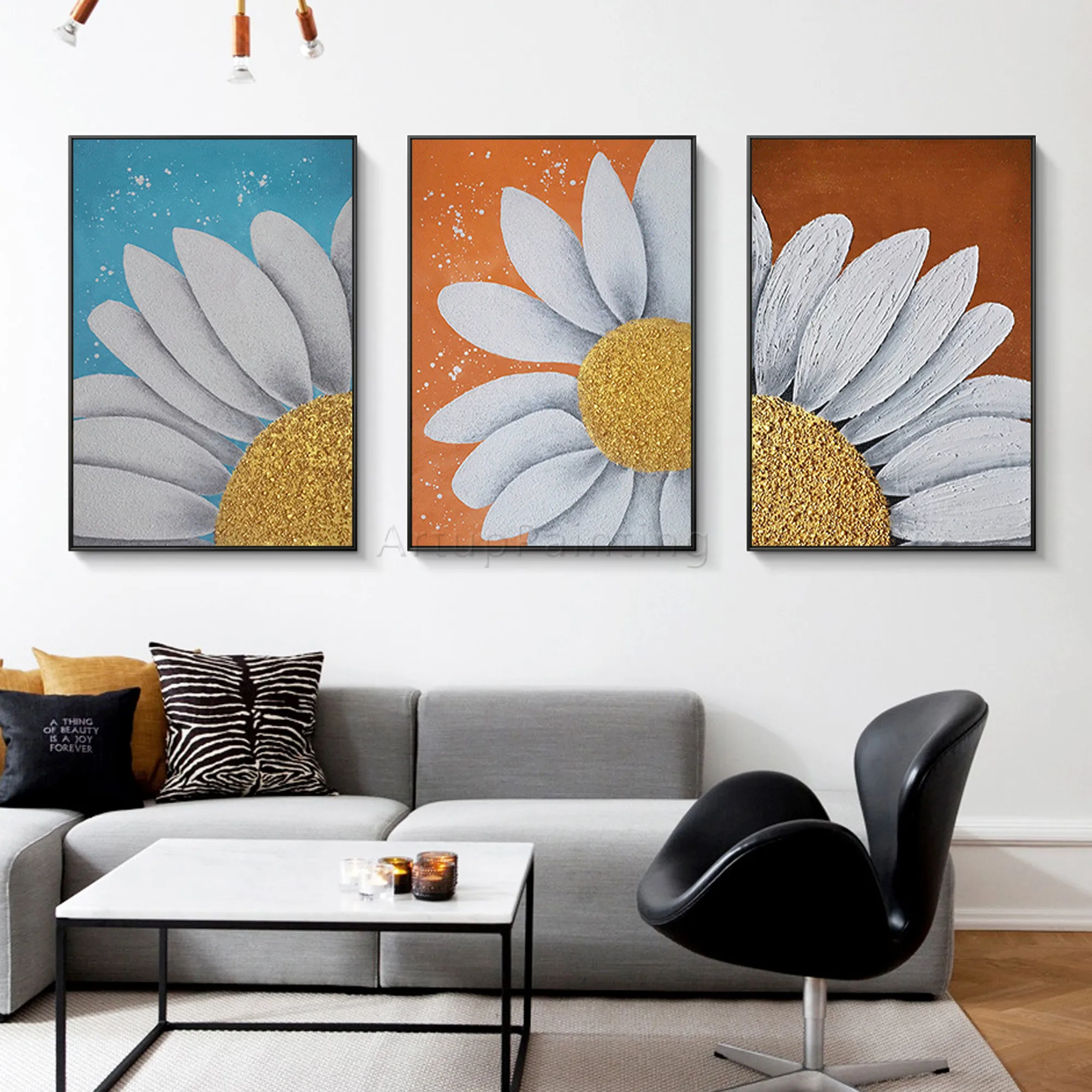 

Set of 3 Flowers Canvas Painting Modern abstract Original Large wall art Colourful Sunflower Acrylic Oil Painting Home decor