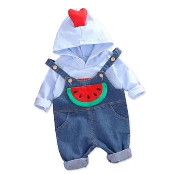 

DFXD Newborn Clothes Spring Baby Clothing Set Cartoon Print Hooded T-shirt Tops+Watermelon Loose Denim Overalls Pants 2pc Suits