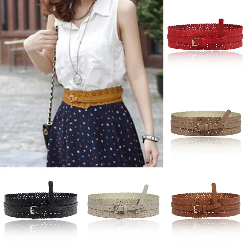 

PU Leather Belt Solid Color Dresses Coat Female Waistband Hollow Flower Design Pin Buckle Vintage Wide Waist Belt Corset Belt