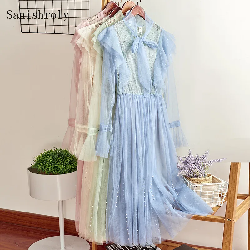 

Sanishroly Two Pieces Autumn Women Beading Lace Dress Long Pleated Dresses FemaleTie Bow Long Sleeve Mesh Dress Vestidos SE771