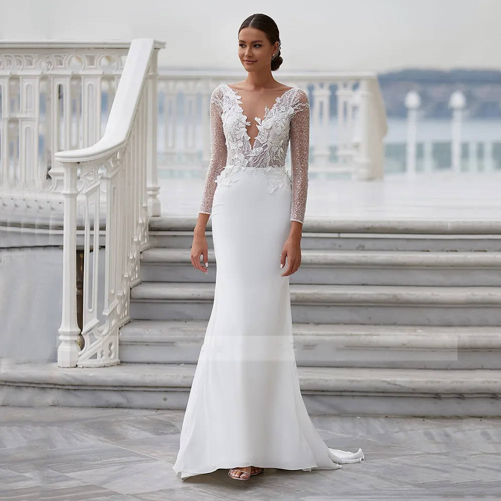 Modern Mermaid Wedding Dresses Women O-Neck Long Sleeves Backless Lace Applique Vestido De Novia Shiny Bridal Gowns Customized 8