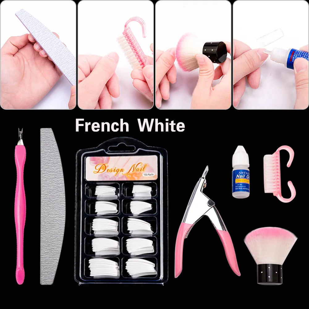 100 шт прозрачные/белые/натуральные накладные акриловые французские наконечники и быстросохнущие клеевые инструменты для маникюра - Цвет: French White Set