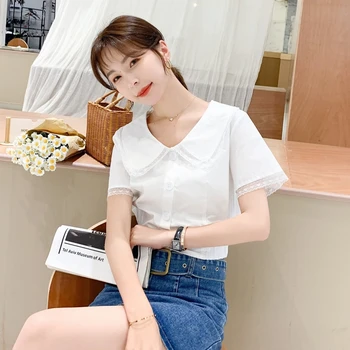 

COIGARSAM French Style Short Sleeve Shirt Womens tops Summer Lace High Waist Women shirts White Purple 4884