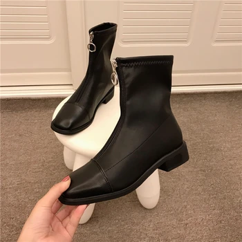 

British style Martin boots female 2019 autumn and winter new ins net red thin boots mid-heel thick heel front zipper small boots