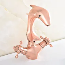 

Antique Red Copper Brass Swivel Spout Dual Cross Handles Cute Animal Dolphin Style Bathroom Kitchen Sink Faucet Mixer Tap msf848