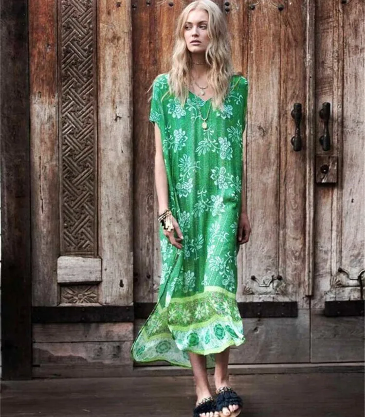 

Boho Green Print Beach Dress Cover Up Female Tunic Short Sleeve Large Size Swimsuit Long Side Split Summer Swim Beachwear Suit