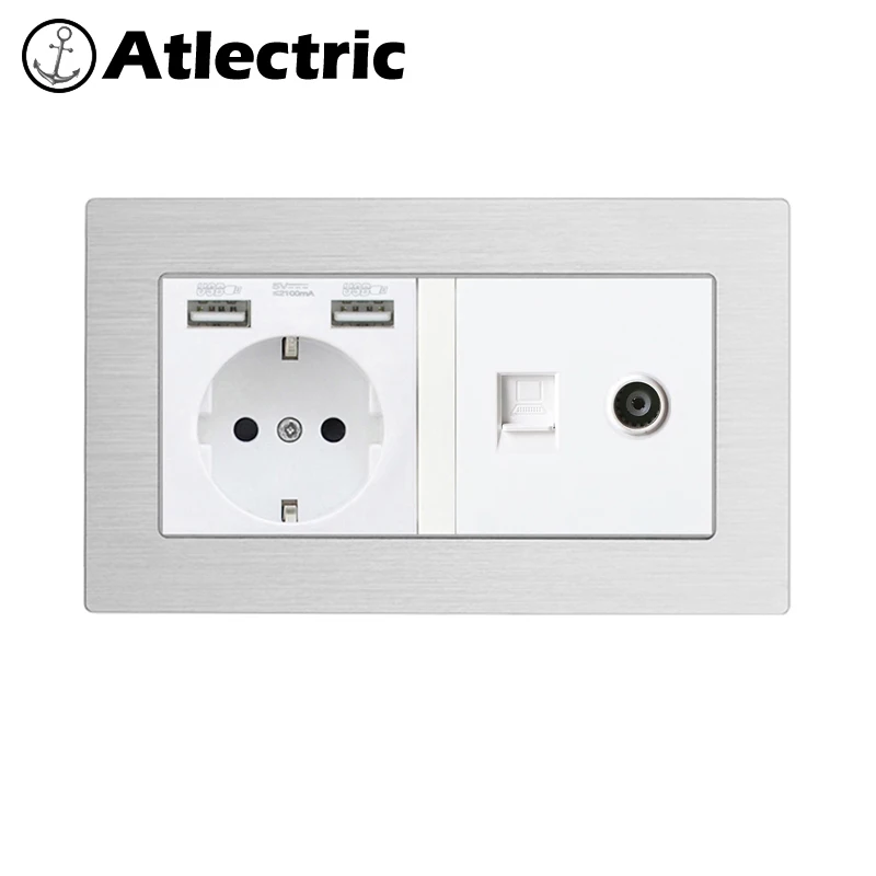 Atlectric DE EU RU Plug стенная розетка с Светодиодный индикатор Dual USB, RJ45, ТВ Порты и разъёмы двойная розетка Мощность на выходе металлический Панель 146 мм* 86 мм переходник usb,разетка с usb для дома,розетки