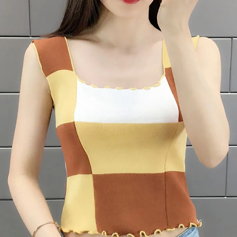 

New Women Round Neck Ice Silk Knitting Tank Top Female Fashion Colorblock Tops Vest Women Summer Sexy Sleeveless Crop Top