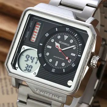 

Square Multi-function Large Dial Dual Time Zone Display Men's Bracelet Clasp Electronic Watch